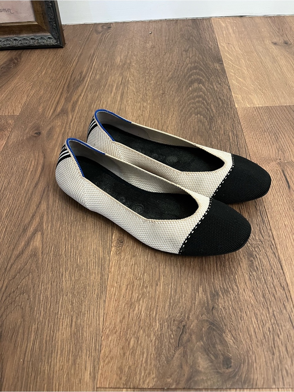 Rothy's Black and Cream Knit Cap-Toe Ballet Flats